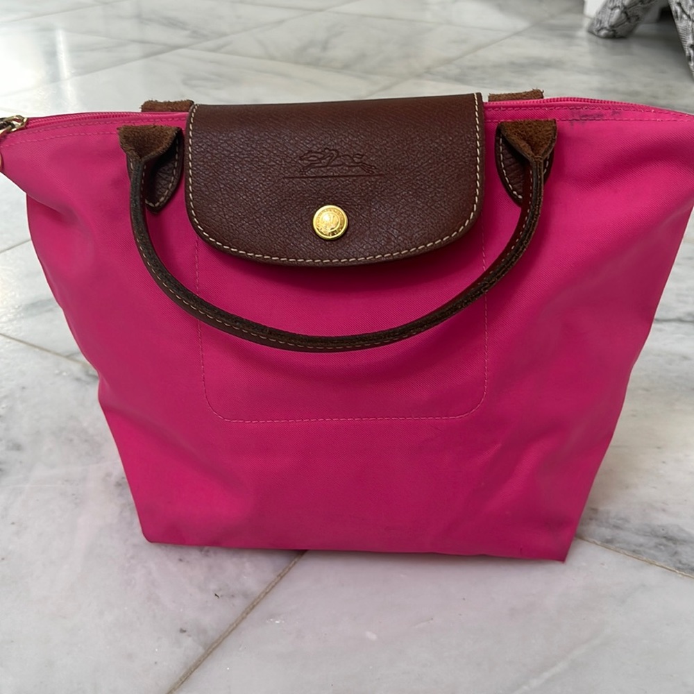 Longchamp Le Pliage pink top handle bag, size M